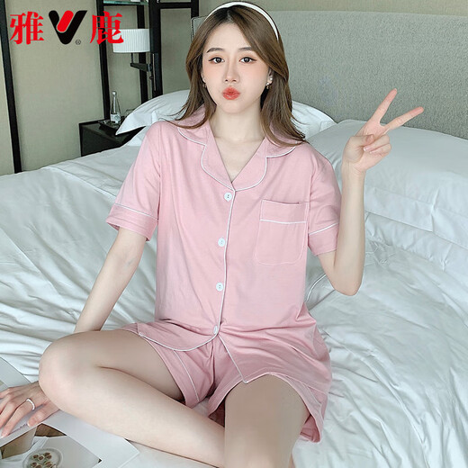 雅鹿高档2025新款睡衣女款夏季纯棉短袖短裤夏天少女生夏款女士家居服 12347带胸垫 L 100-115