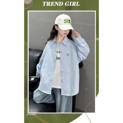 Girls Spring and Autumn 2025 New Medium and Large Children's Casual Shirts Children's Wear Boys' Style Tops Blue 170