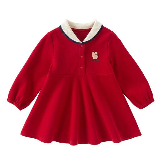 DAVE&BELLA pure cotton children's dress, college style girl's princess dress, spring new baby girl's dress, children's dress, red, in stock, 90 cm (recommended height 80-90cm)