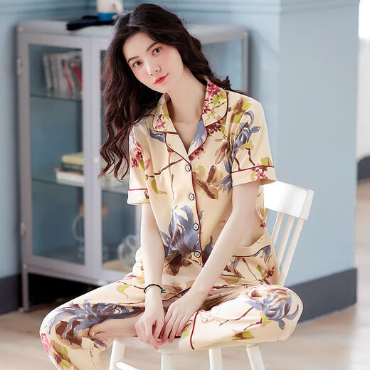Fhhuabd mittleren Alters Pyjamas für Frauen im Sommer im Sommer reines Baumwoll-Kurzärmel-Hosen Strickjacken Blumenmutter Stil Lose mittleren und älteren Heimkleidung Q9928# M (80-105jin [Jin gleich 0,5 kg] Verschleiß)