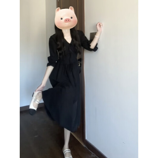 
Cotton French Hepburn style dress for women in 2025 summer new high-end unique waist-hugging slimming tea break long skirt Black L 110-120Jin [Jin equals 0.5 kg]