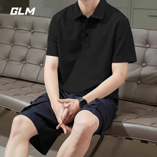 GLM short-sleeved T-shirt men's breathable summer lapel polo shirt quick-drying T-shirt ice silk casual sports top black L