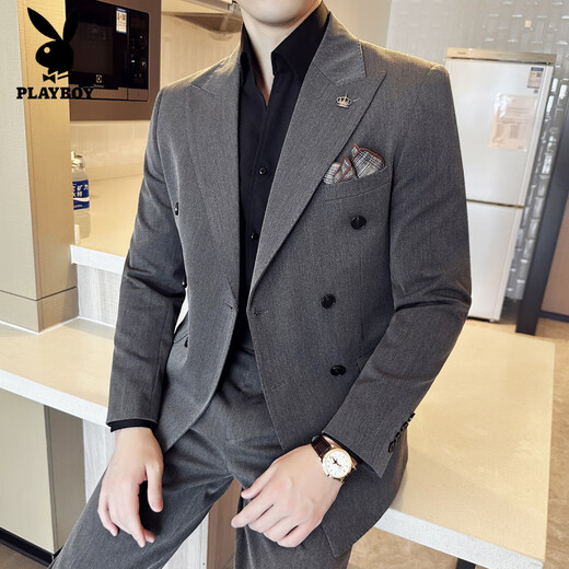 Playboy (PLAYBOY) double-breasted suit men's suit business casual high-end formal suit British slim groom wedding suit three-piece medium gray suit + trousers + vest XL (125-140Jin Jin equals 0.5 kg)