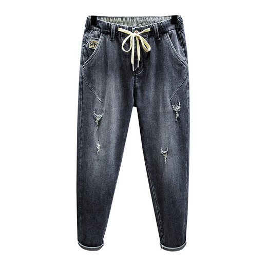 
Zhidoudou summer thin casual high elastic large size ripped nine-point pants for men fat man elastic waist Harlen small foot cow blue ZX9923 high elastic trousers regular model M