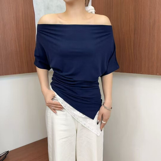Cool Chapter (KUZHANG) E-2687 summer new Korean version simple striped irregular slim one-shoulder design top T-shirt for women rice apricot color equal size