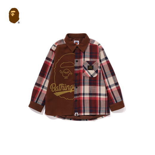 BAPE children's clothing autumn and winter ape letter embroidery plaid stitching long-sleeved shirt jacket 340006L red RDX 140cm one size
