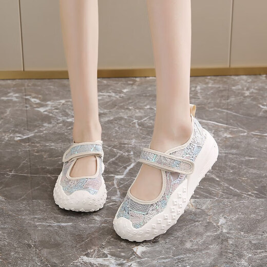Women's shoes 2025 summer new breathable and lightweight Mary Jane Velcro one foot thick sole anti-slip slow step mother's shoes YGNX-677 blue 34