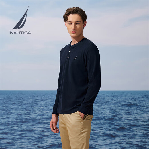 NAUTICA shopping mall same style men's 25 autumn and winter new cotton blended waffle henley collar long-sleeved T-shirt for men TO5303 Navy 4NV L