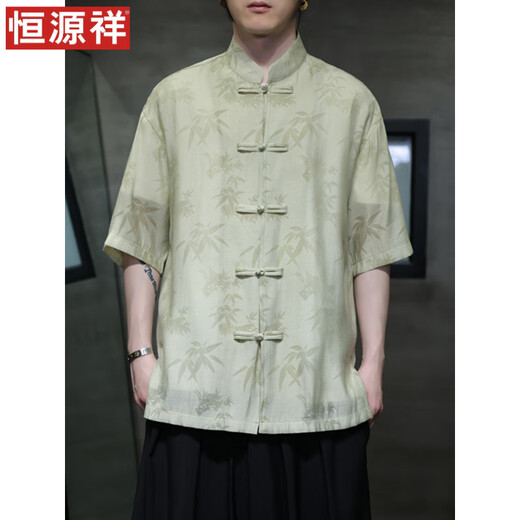 恒源祥夏季轻薄款短袖衬衫新中式古风盘扣唐装男装中国风竹叶上衣中山装 CS9898白色 M