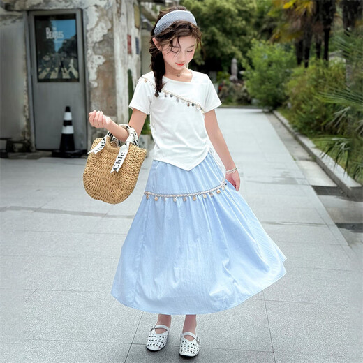 女童夏季时尚波西米亚风两件套2025新款女孩度假风T恤半身裙套装 白色 套装（短袖+半身裙） 170 （建议160以内）