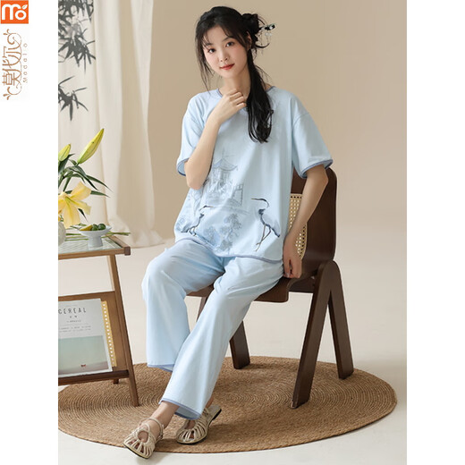莫代尔睡衣女夏季2025年新款短袖国风套装棉新中式长裤可外穿薄款简约 Y9905 M (建议75-95斤)