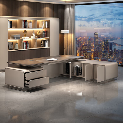 Guan Mu E0 level environmental protection high-end chairman's desk president's desk minimalist boss desk office furniture complete set 2.8 meters table + leather electric chair + 3.6 meters filing cabinet