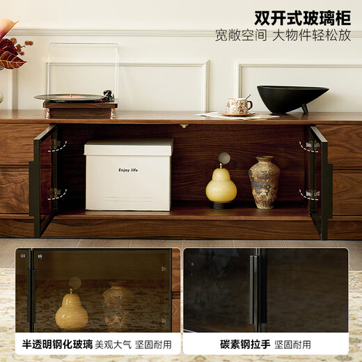 Zhidian Massivholz-TV-Schrank, bodenstehend, nordamerikanisches schwarzes Walnussholz, italienisches leichtes Luxus-High-End-Villa-Standmodell mit Glastür-Unterschrank, 2,15 Meter TV-Schrank YYGMC675, Walnuss