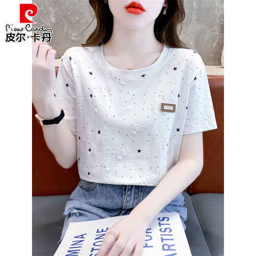 Pier Cardin Algodón puro Camiseta de manga corta para algodón de algodón para femeninos 2025 Nuevo diseño de cubierta de vientre suelta Tendencia de camiseta versátil Top 1396 Azul Meteor + 310 Red Love M Adecuado para 100-109Jin [Jin equivale a 0.5 kg]