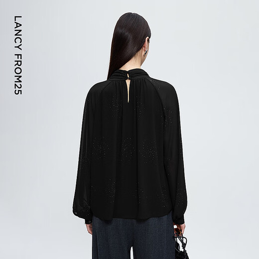Langzi Design Fashion Hollow Stand Collar Top Lantern Sleeve Black Shirt 2025 Winter New Style Black 2 S