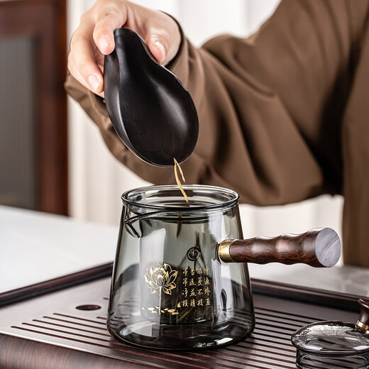 Porcelain brand tea set, carved glass teapot, tea set, household anti-scalding wooden handle tea kettle, high-end Kung Fu tea set, gray bamboo carved teapot, 8-piece set with handle and cup + tea tray