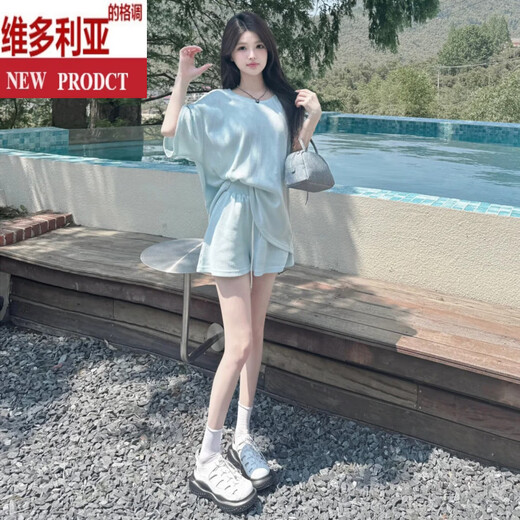 维多利亚的格调超火巨好看的慵懒清纯蓝色休闲运动套装女夏季减龄短袖短裤两件套 蓝色套装 M 100-110斤