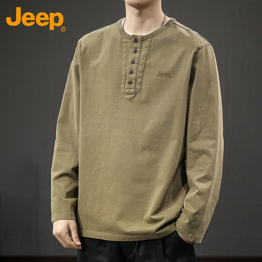 Jeep (JEEP) long-sleeved T-shirt men's spring and autumn trendy brand retro Henry collar cotton bottoming shirt top men's brown 2XL