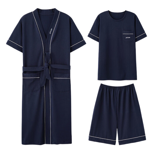 UKUHPK男士夏季薄款睡衣三件套短袖短裤家居服长款浴袍 7205+9913 【睡袍三件套】 L