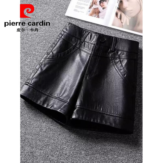 Pierre Cardin 2025 Spring and Autumn New Korean Style Leather Shorts Women's Straight Outer Wear High Waist Slim Casual Small Leather Pants Fashion Boot Pants 1826# Black (No Velvet) L