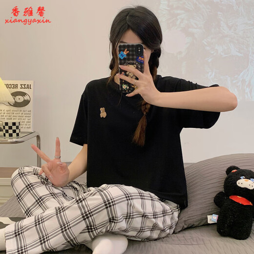 KNFN睡衣女2024年新款夏季纯棉短袖长裤薄款韩版宽松可外穿家居服套装 6625爱心小熊 M 码80-100斤
