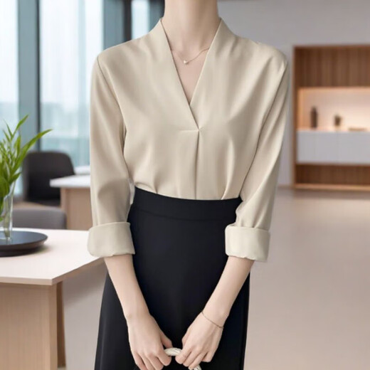 2025 Women's White V-neck Satin Shirt Workplace Commuter Interior Suit High-end Top Professional Outfit White Shirt 675 Apricot Color [V-neck] L Recommended [110-120Jin [Jin equals 0.5 kg]]