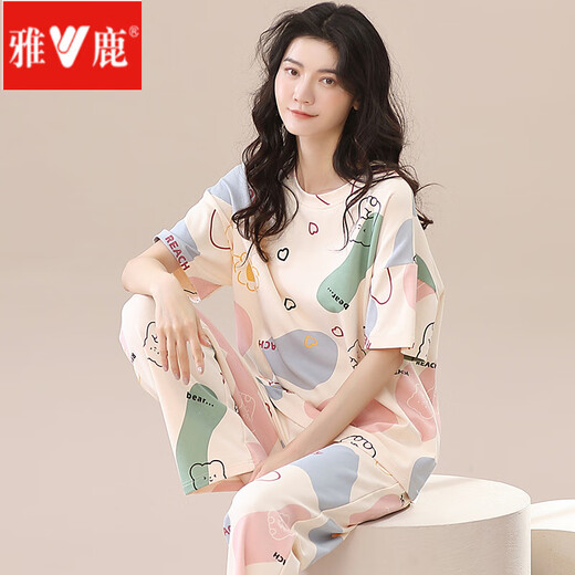 雅鹿2025年新款睡衣女夏棉短袖长裤春秋夏款女士家居服薄款两件套装 ZH-9720 M