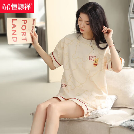 恒源祥睡衣女款夏季纯棉短袖短裤可外穿20年新款全棉家居服套装可外穿 9848黑白条纹 品牌100%纯棉 M 建议80-100斤穿