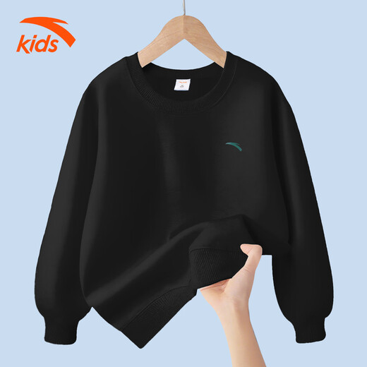 Anta children's fleece sweatshirt for men and women, middle and large children 25 autumn and winter new style youth loose cotton skin-friendly long-sleeved top black early autumn hot sale 160 cm