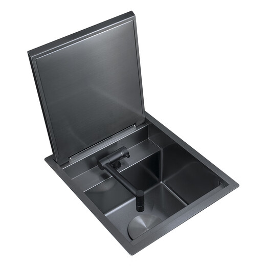 Kezhitu 304 stainless steel bar invisible small sink single groove mid-island with damping cover hidden mini wash basin 4839 flip cover cup washer damping model + lifting cooling