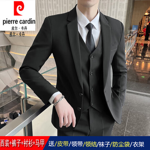 Pierre cardin suit men's jacket Korean style slim professional formal wear groom wedding dress small suit men one button black suit + pants + shirt + L [Suggested 113 to 125 Jin [Jin equals 0.5 kg] wear]