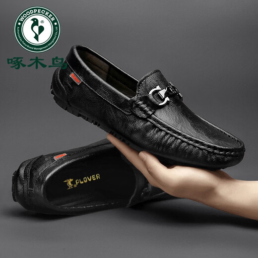 Woodpecker men's beanie shoes summer breathable leather shoes men's genuine leather soft leather one-legged driving shoes soft sole hollow style black summer hole 9901 38