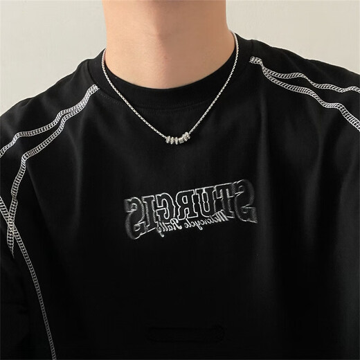 Sparkling ring pendant necklace, cold style titanium steel chain, same style for men and women, light luxury, fashionable and versatile, temperament clavicle chain, sparkling diamond ring necklace (50cm+5cm)