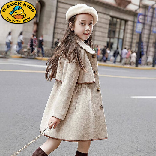 G.DUCKKIDS Girls' Woolen Coat 2025 New Korean Style Thick Autumn and Winter Style Medium and Large Children's Waisted Woolen Coat Beige 150