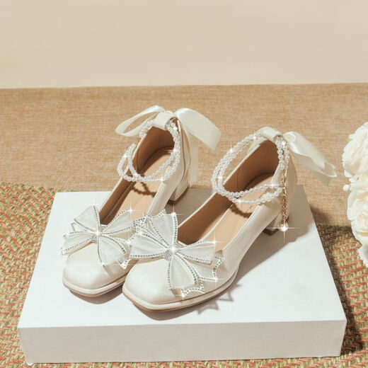 Yalso children's high heels 10-15 years old performance Hanfu shoes children's costume girls princess shoes catwalk leather shoes ribbon bow 8cm heel high standard size 33