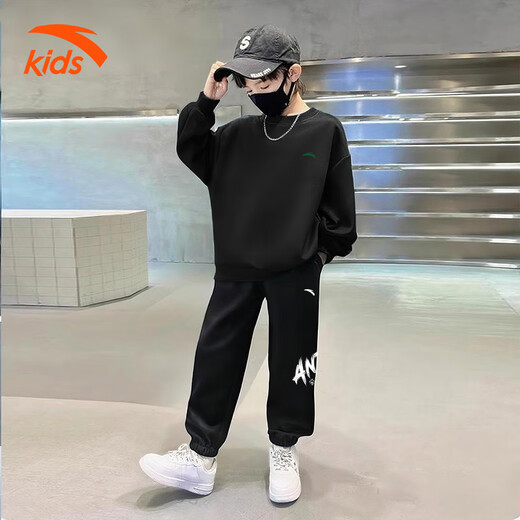 Anta children's fleece sweatshirt for men and women, middle and large children 25 autumn and winter new style youth loose cotton skin-friendly long-sleeved top black early autumn hot sale 160 cm
