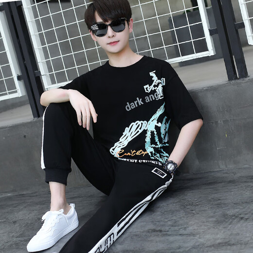 Yukdd (Yookdd) Jungen tragen eine komplette Reihe von Teenagern 12 Jungen 13-15 High School und Schüler der Junior High School Kurzärärmelte T-Shirts 14 Big Children 9215 Black Short-Ärmel + Hosen S 60-75 Jin [Jin gleich 0,5 kg]