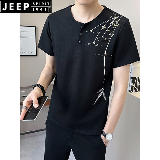 JEEP SPIRIT新中式国风v领短袖T恤男夏季亚麻2025新款透气竹子半袖男士体恤衫 9856卡其色 M (约90~105斤可穿)