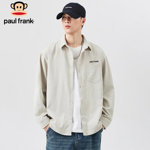 大嘴猴（paul frank）长袖衬衫男士春秋季休闲衬衣男潮牌外套男装百搭衣服 米灰色 L