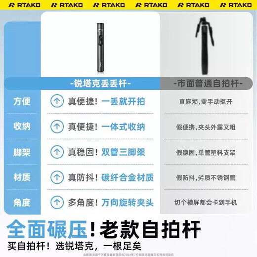 丢丢杆黑色锐塔克360度手持蓝牙自拍杆丢丢杆落地三脚架直播拍照神器双管加粗旅游便携博主必备 黑色（1.7米推荐款）一丢即开，送蓝牙充电遥控器