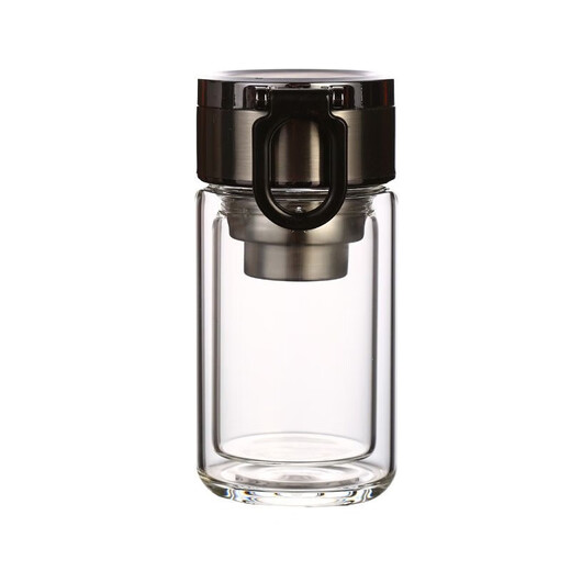 New double-layer insulated glass cup, high temperature resistant tea cup, portable tea and water separation universal mini drinking cup, black mini handle cup, 288ml 1 piece