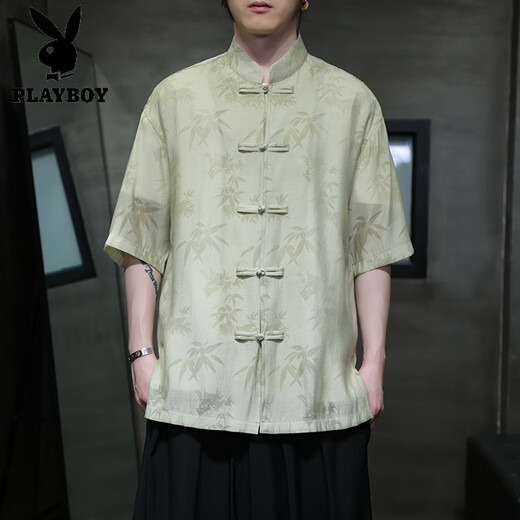 Playboy (Playboy) Summer delgado Camisa de manga corta Nuevo estilo chino Estilo antiguo Botón Tang Suit Men's Chinese Bamboo Leaf Top Zhongshan Suit CS9898 Negro 5xl