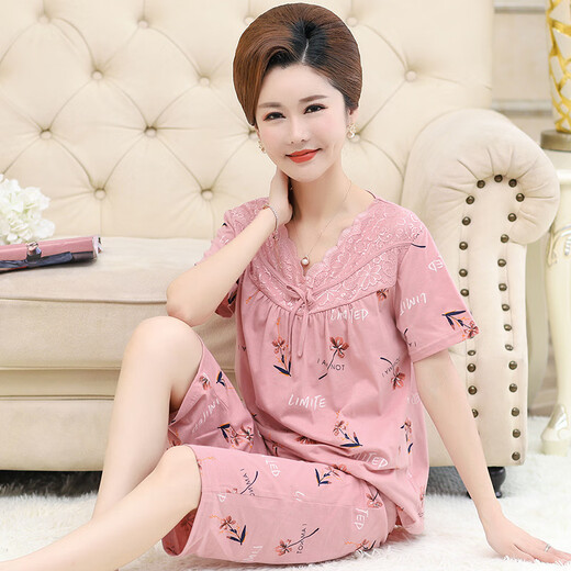 维多利亚的格调中年妈妈睡衣女夏季纯 棉短袖家居服中老年薄款七分裤两件套 Y3937 XL