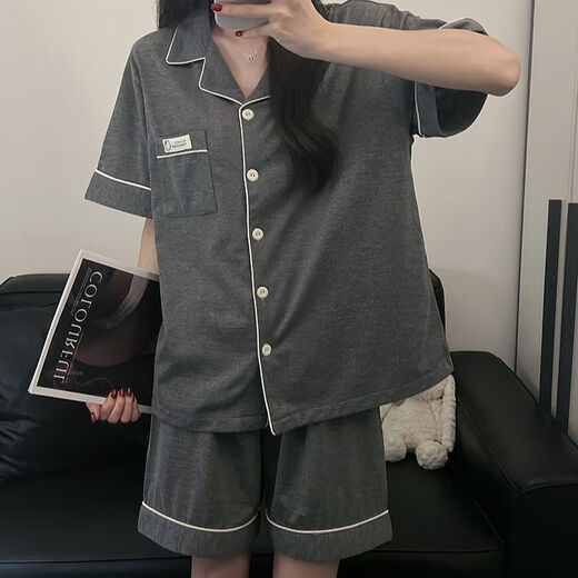 莫代尔韩版简约纯色棉睡衣女短袖短裤夏季两件套宿舍可外穿家居服套装 9905#深灰色 M 80-100斤