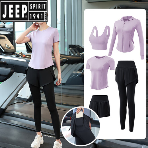 JEEP SPIRIT running sports suit for women yoga suit morning jogging suit fitness suit 2025 new spring and summer quick drying blue [short sleeves] three-piece set (black pants) M