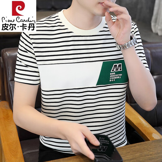 
Pierre cardin 2025 men's short-sleeved T-shirt summer trendy t-shirt spliced ​​striped handsome half-sleeved sweatshirt 2025 casual top 9898 black M