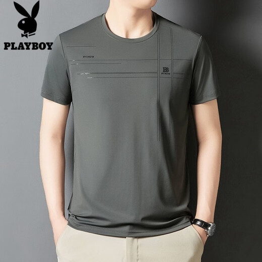 Playboy Summer Men's Short-Sleeved T-Shirt for Middle-aged and Young People's New Jinmu Ice Silk Comfortable Cool Thin Half-Sleeve Casual Top Dark Gray 733 (Cool Fabric) XL 180 Size [Suggested 140-155 Jin [Jin equals 0.5 kg]