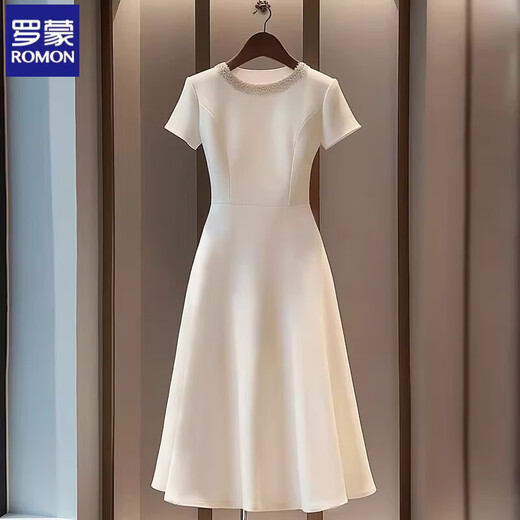 Romont French dress for women 2025 new style dignified and elegant designer chic and beautiful white round neck niche dress white M 100-110Jin Jin is equal to 0.5 kg