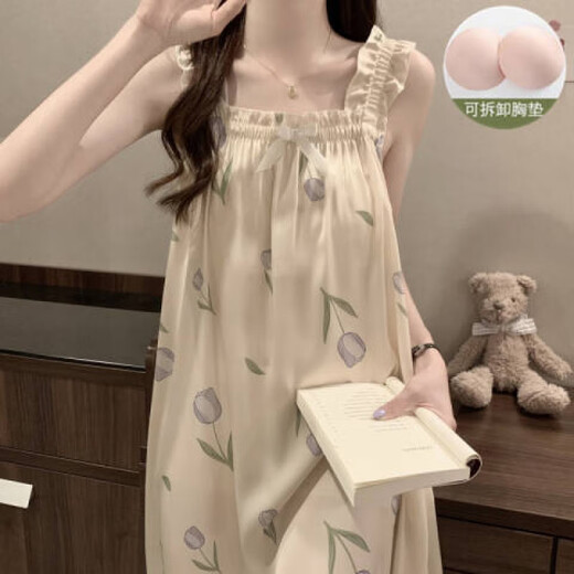 樵廿吊带睡裙女士甜美可爱夏季薄款冰丝凉感少女带胸垫睡衣公主家居服 1355吊带裙 草莓小花 (带胸垫) M 160