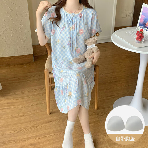 Victoria's Style Pyjamas mit Brustpolster für Frauen im Sommer 2025 Neue lose und niedliche koreanische Floral Nachthemd mittelgroße Hauskleidung großer Größe M16862 [mit Brustpolster] XL